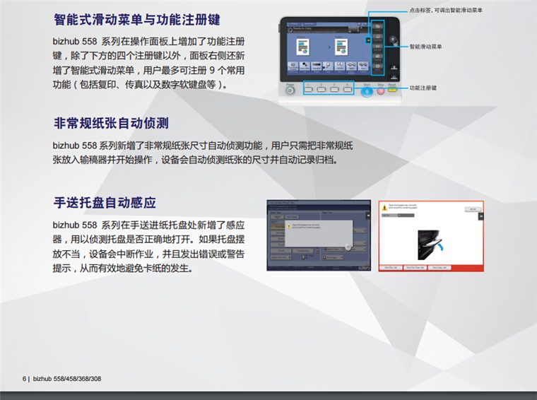 柯尼卡美能達368智能式滑動菜單與功能注冊鍵-科頤辦公